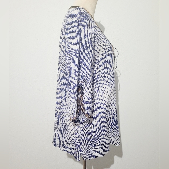 Soft Surroundings Beaded Tie Neck Tunic Blue White Rayon Boho Resort Top Large - Picture 5 of 12